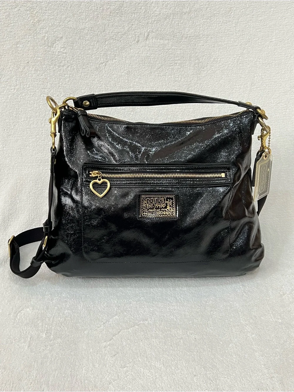 COACH Poppy Daisy Liquid Glass Hobo Black Patent Leather Bag No. M1276-F20103